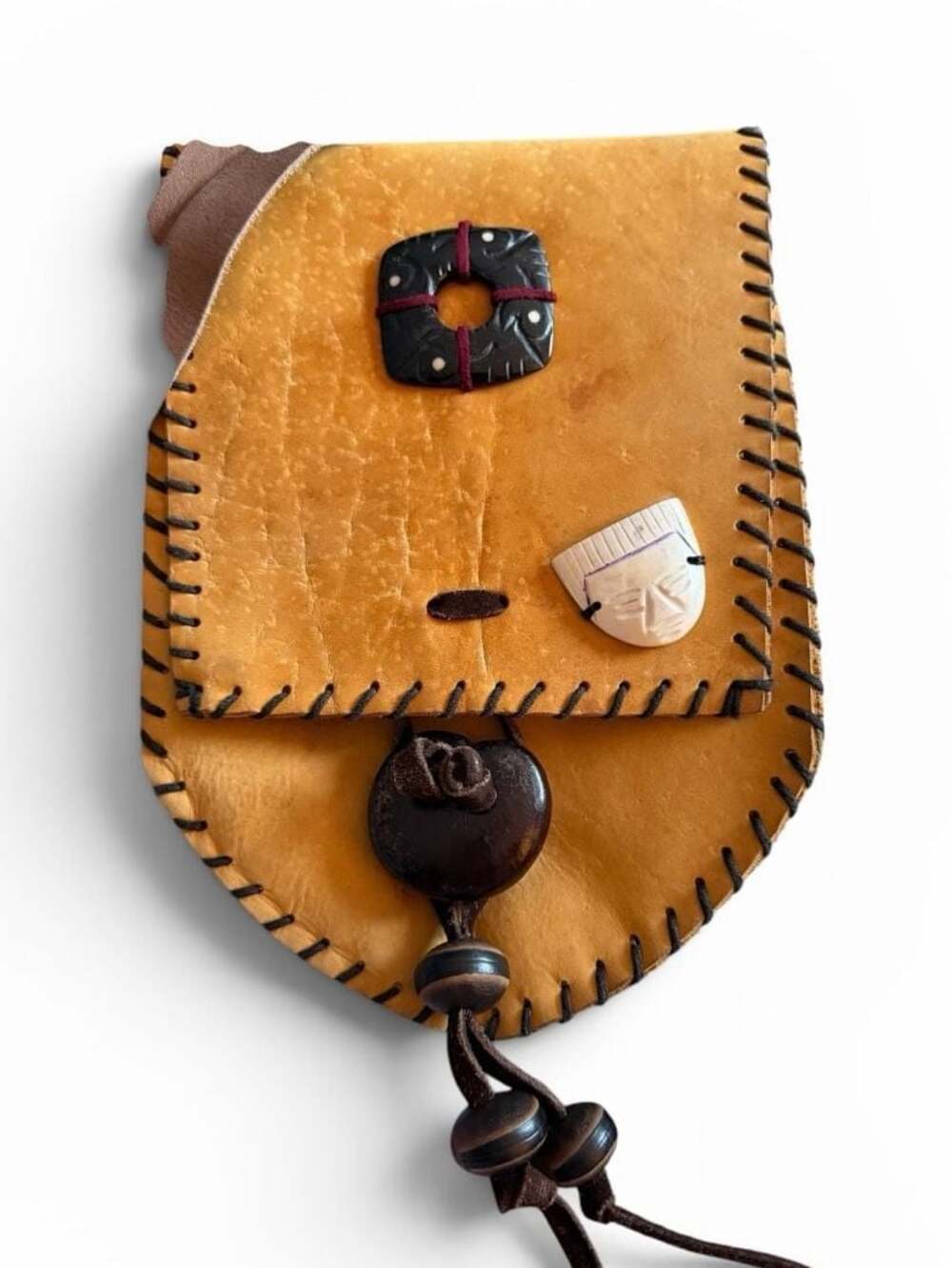 Handcrafted Artisan Leather Crossbody Pouch Carved Bone Wood vintage